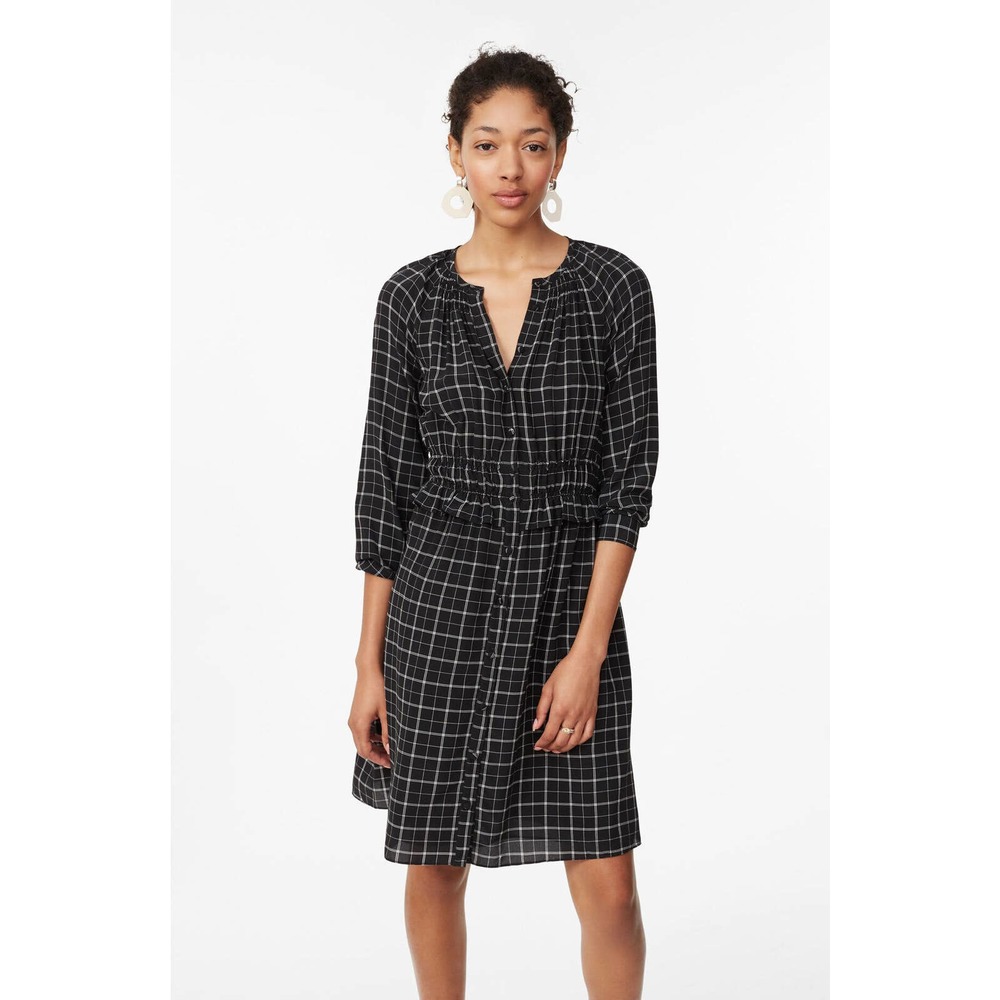 Rebecca Taylor Black White Plaid Silk Dress Ruffle Trim Size 6 Smocked Waist